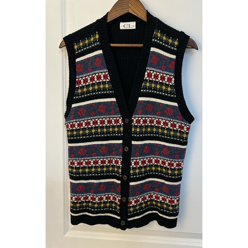 Vintage Vest Large Geometric Fair Isle Cottagecore Retro Sweater Academia